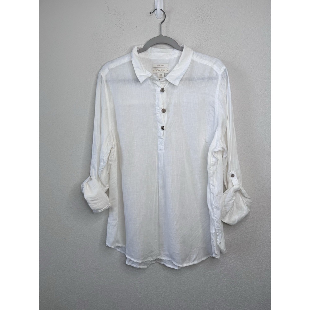 Cynthia‎ Rowley 100% Linen Tunic Top 1X White Popover 3 Button Coastal Beachy